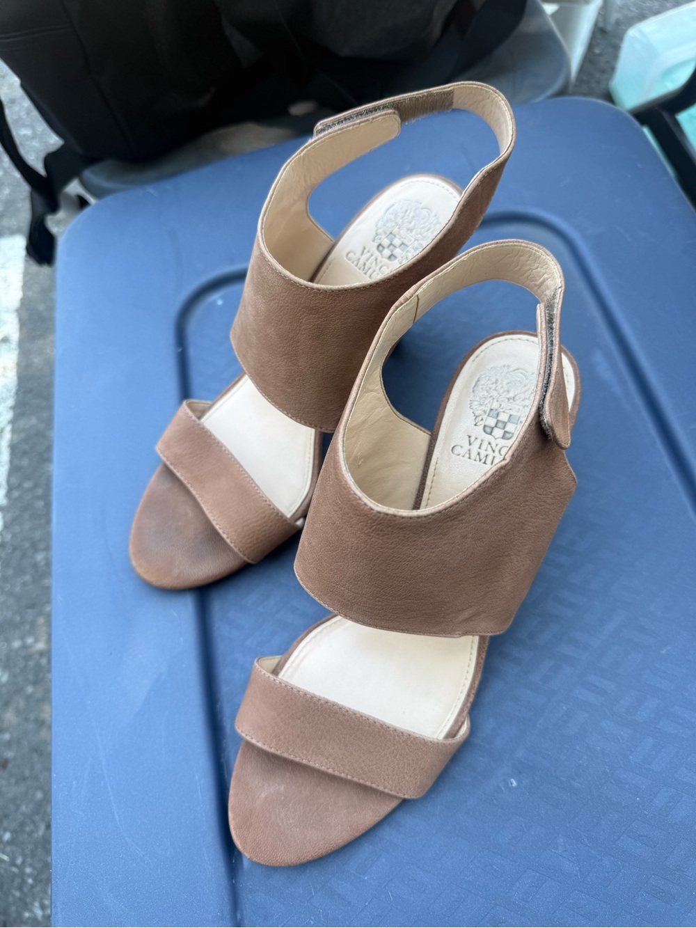 Vince Camuto Taupe Open-Toe Suede Block Heel Sandals